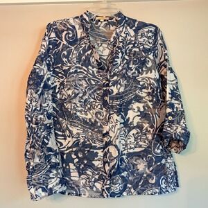 Choices Blue White Burnout Abstract Print Roll Tab Sleeve Button Down Top Medium